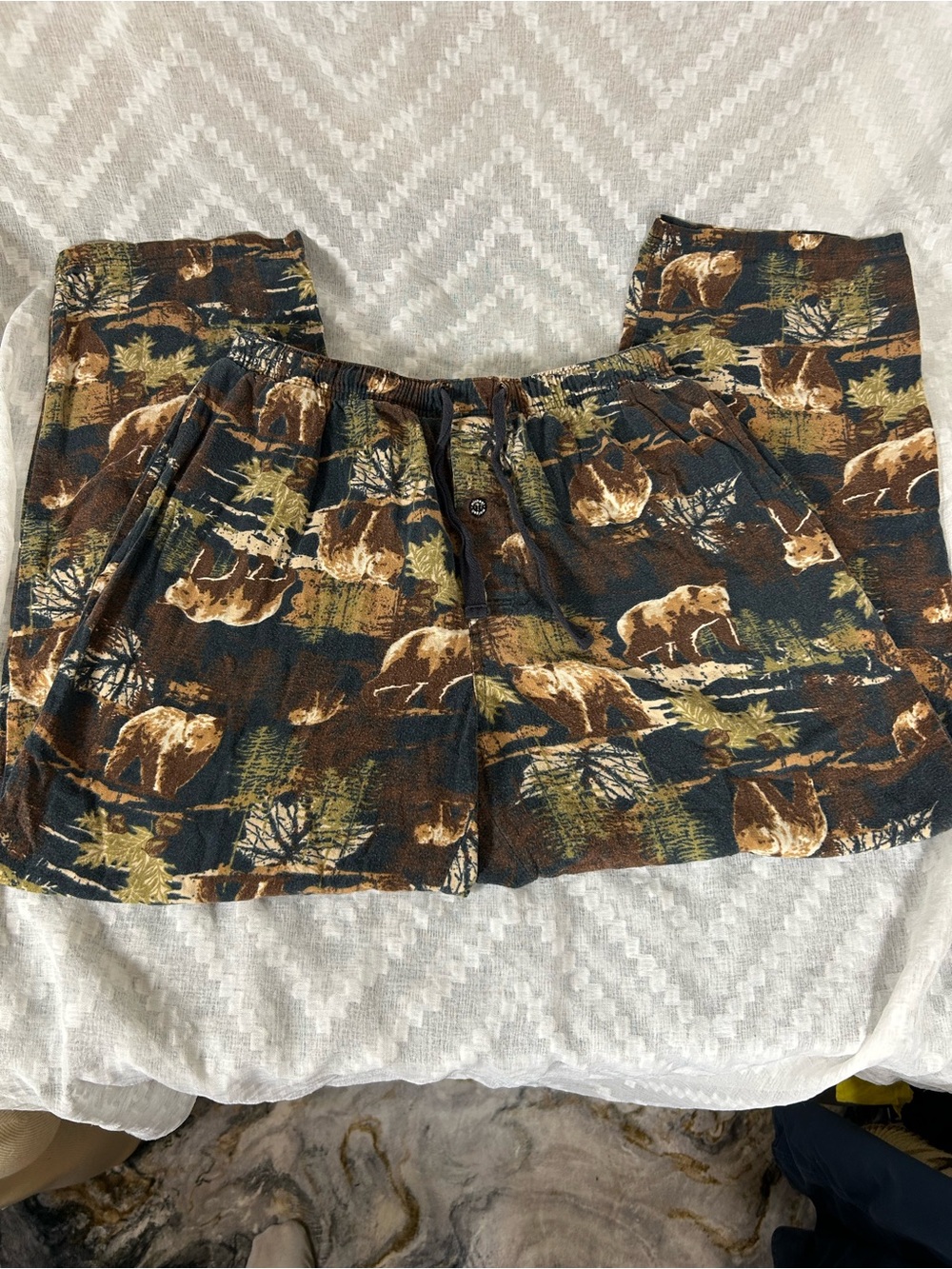 Michael Morgan Bear Print Lounge Shorts - Brown & Green Woodland Pattern